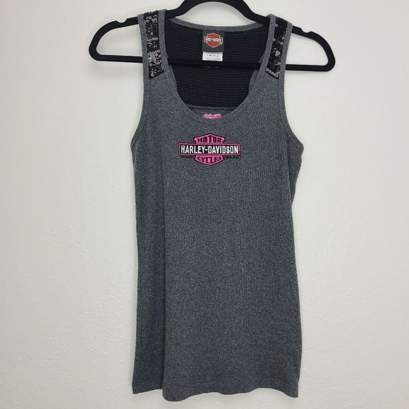 Harley-Davidson Tops - Harley-Davidson Ribbed Scoop Neck Tank Top Gray Black Sequins Bristol CT Medium